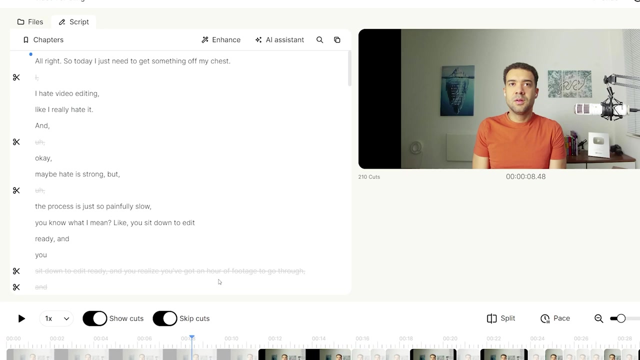 Gling text-based editor and timeline showing grayed-out bad takes and cuts