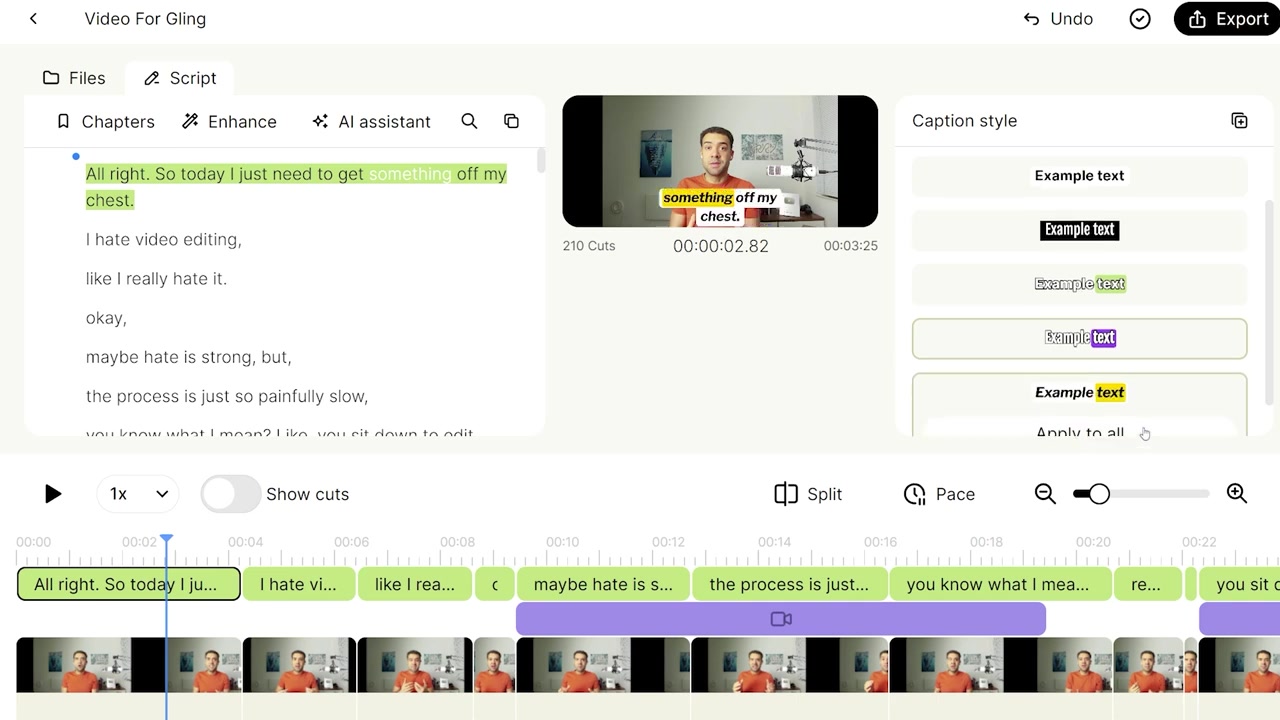 Gling smart captions editor with active animated styles