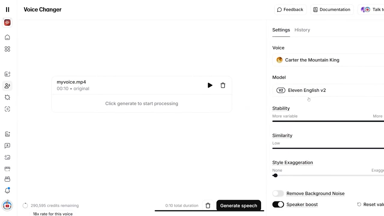 ElevenLabs Speech to Speech Interface with Carter the Mountain King Selected