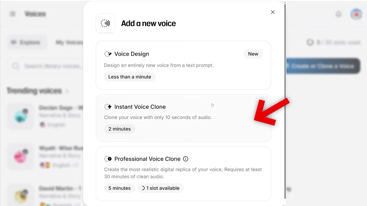 Choosing the Instant Voice Clone option in ElevenLabs