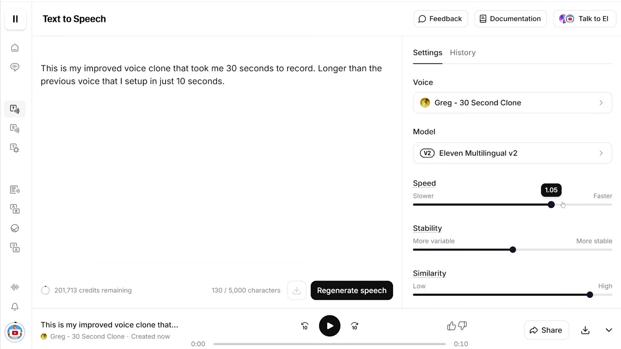 The speed slider interface in ElevenLabs