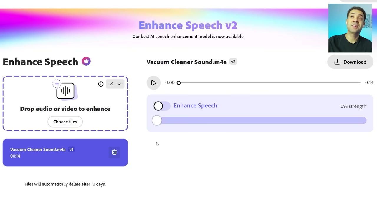 Adobe Podcast Enhance Speech interface showing the audio upload box and the enhancement toggle switch