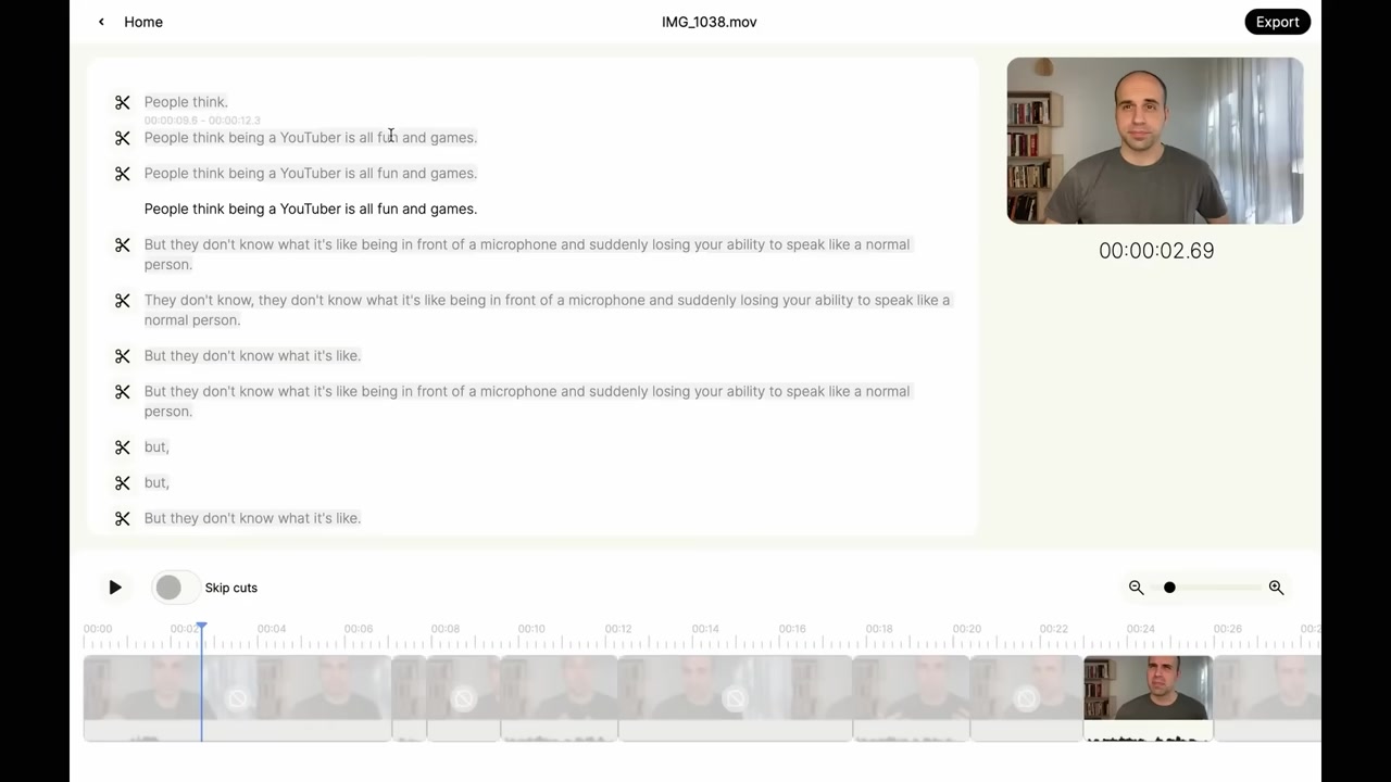Gling desktop app showing a sliced transcript and automated cut markers on the timeline