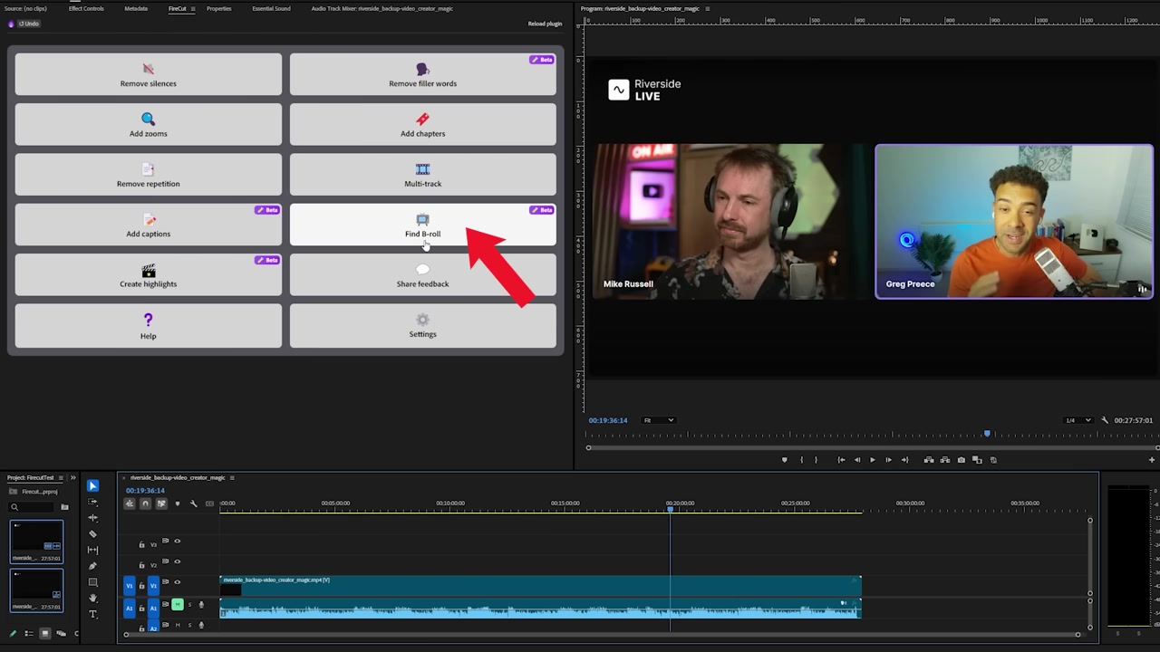 FireCut plugin panel open inside Adobe Premiere Pro timeline with the Find B-roll option selected