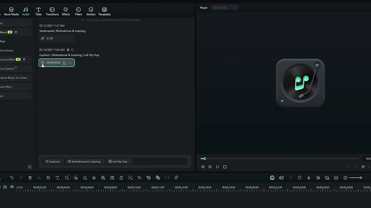 Generated AI Music Track on the Timeline