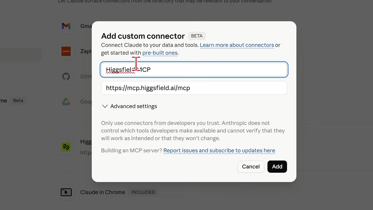 Claude custom connectors settings