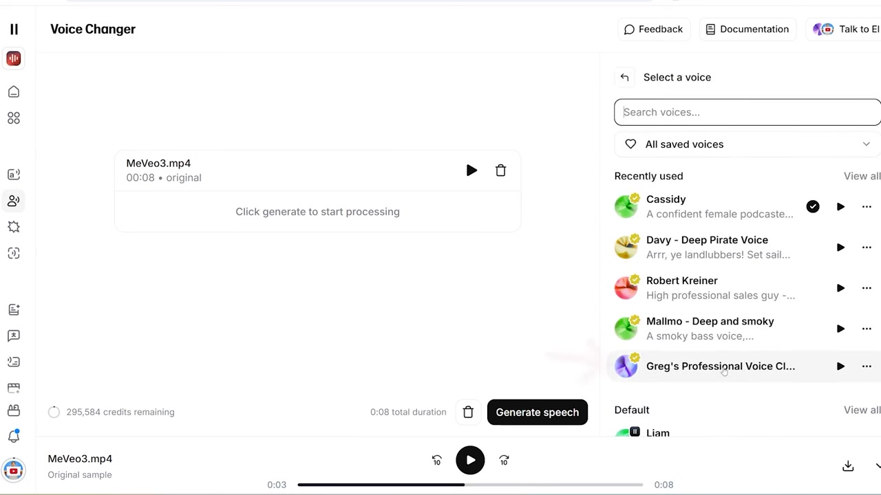Choosing a custom cloned voice in ElevenLabs to replace the generic Veo 3 character audio