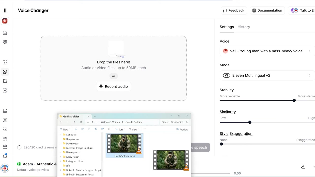 Dragging a downloaded Veo 3 video into the ElevenLabs Speech-to-Speech interface
