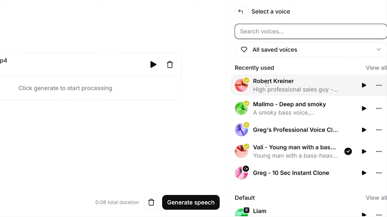 Selecting the Austrian character Robert in ElevenLabs voice selection dropdown